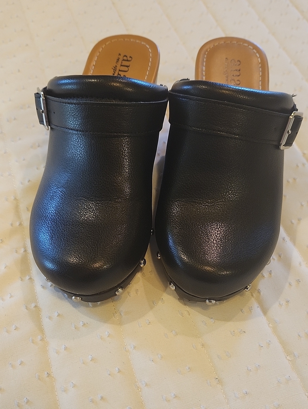 Black Studded Leather Clog Mules